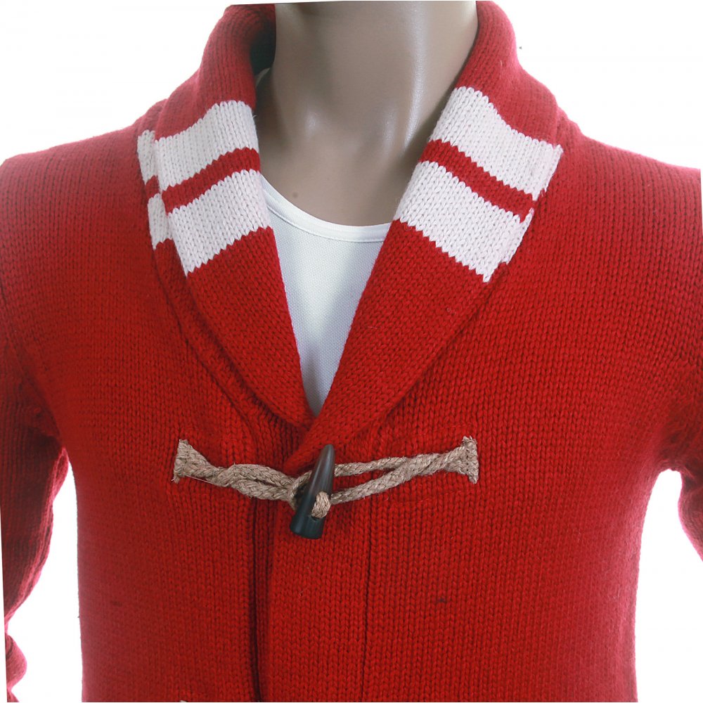 Red Zip Up and Toggle Front Shawl Collared Wool Mix Chunky Knit Cardigan Knitwear