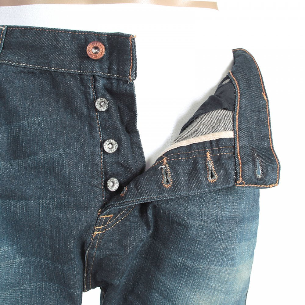 Dean Blue Washed Tapered Button Fly Loose Fit Denim Jeans