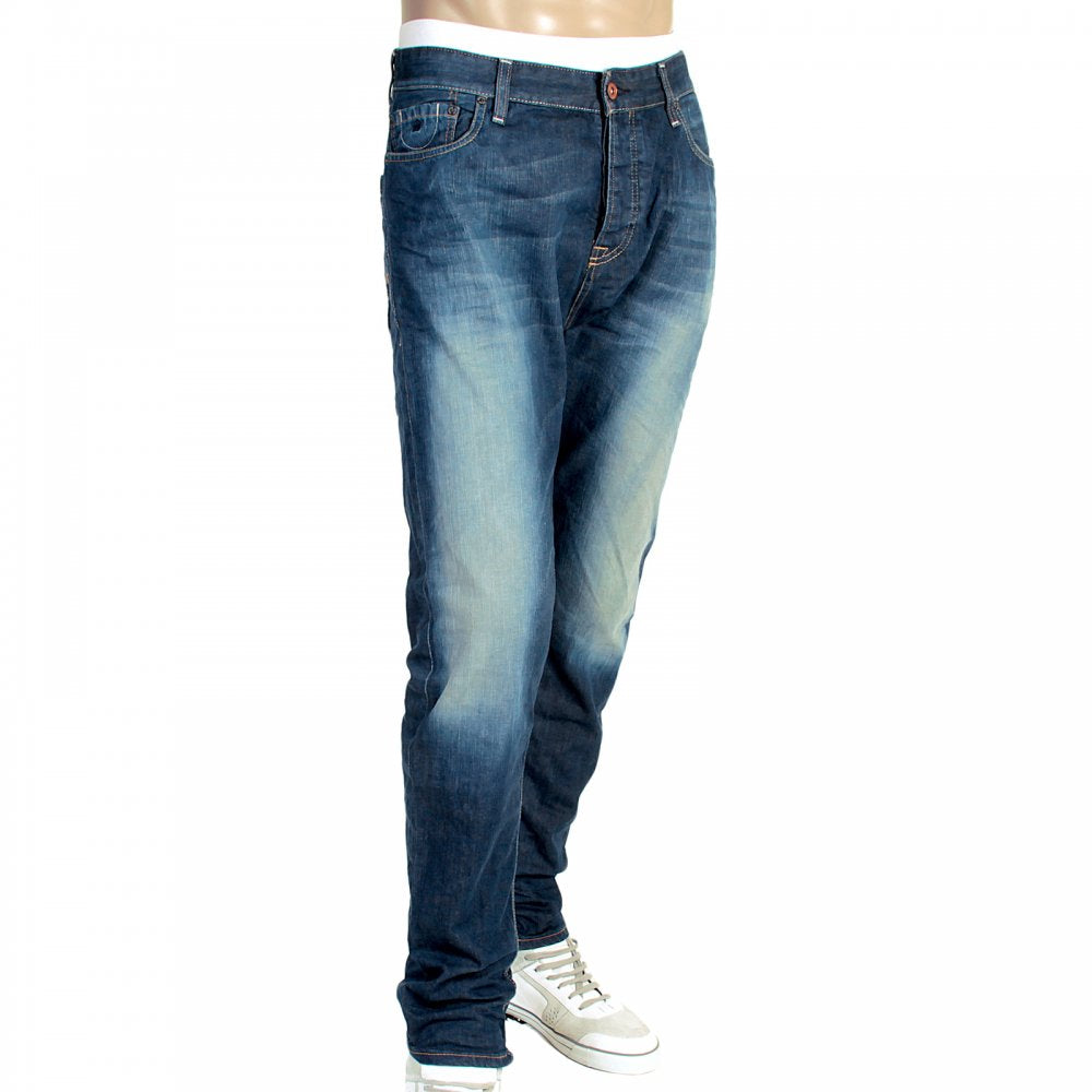 Dean Blue Washed Tapered Button Fly Loose Fit Denim Jeans