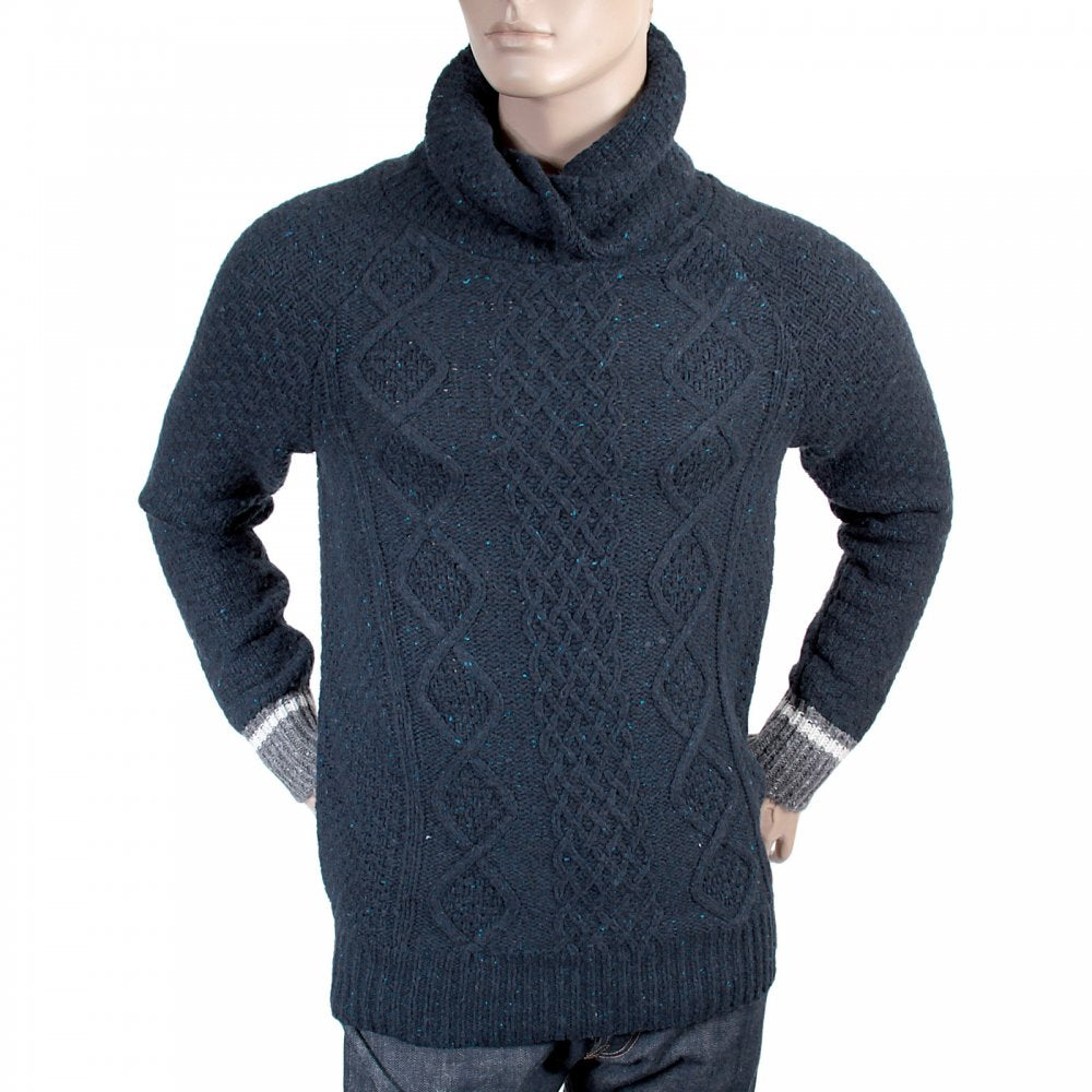 Navy Fleck Wool Mix Twisted Shawl Collar Regular Fit Jumper