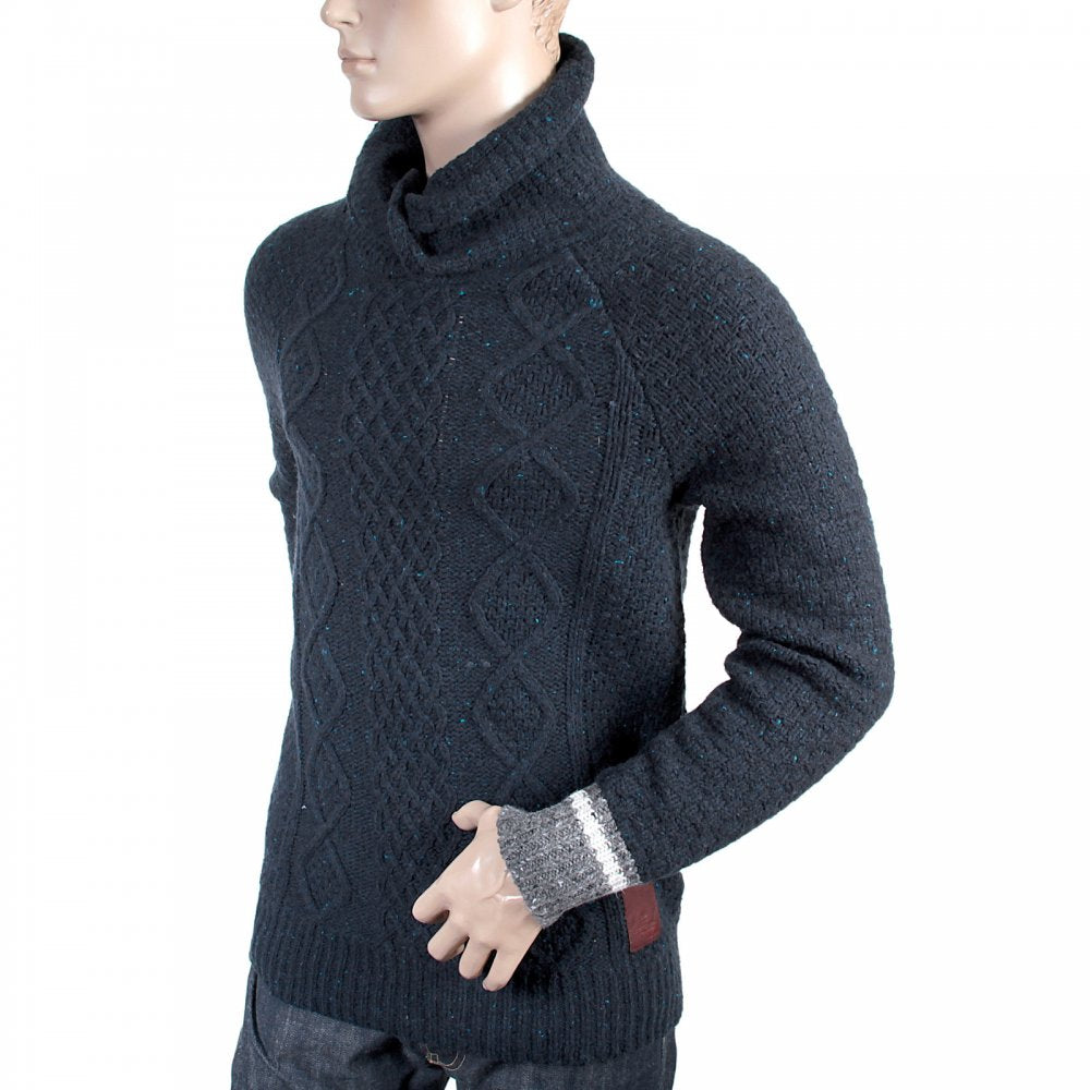 Navy Fleck Wool Mix Twisted Shawl Collar Regular Fit Jumper