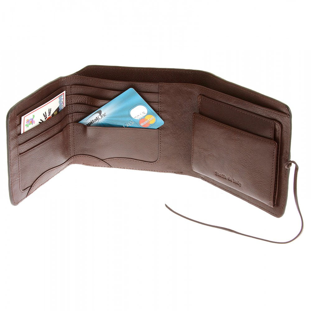 Mens Brown Leather 3 Fold Credit Card & Coin Pouch Landscape Wallet