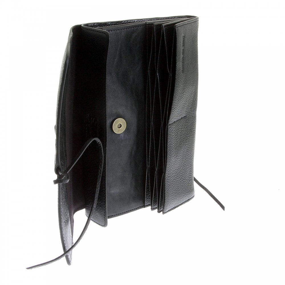 Unisex Black Grain Leather Travel Wallet with Shoe Lace Tie Closure