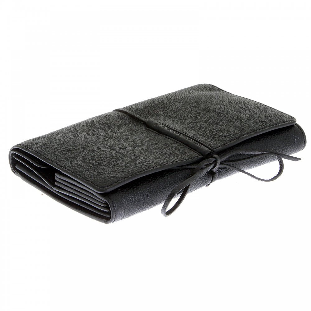 Unisex Black Grain Leather Travel Wallet with Shoe Lace Tie Closure