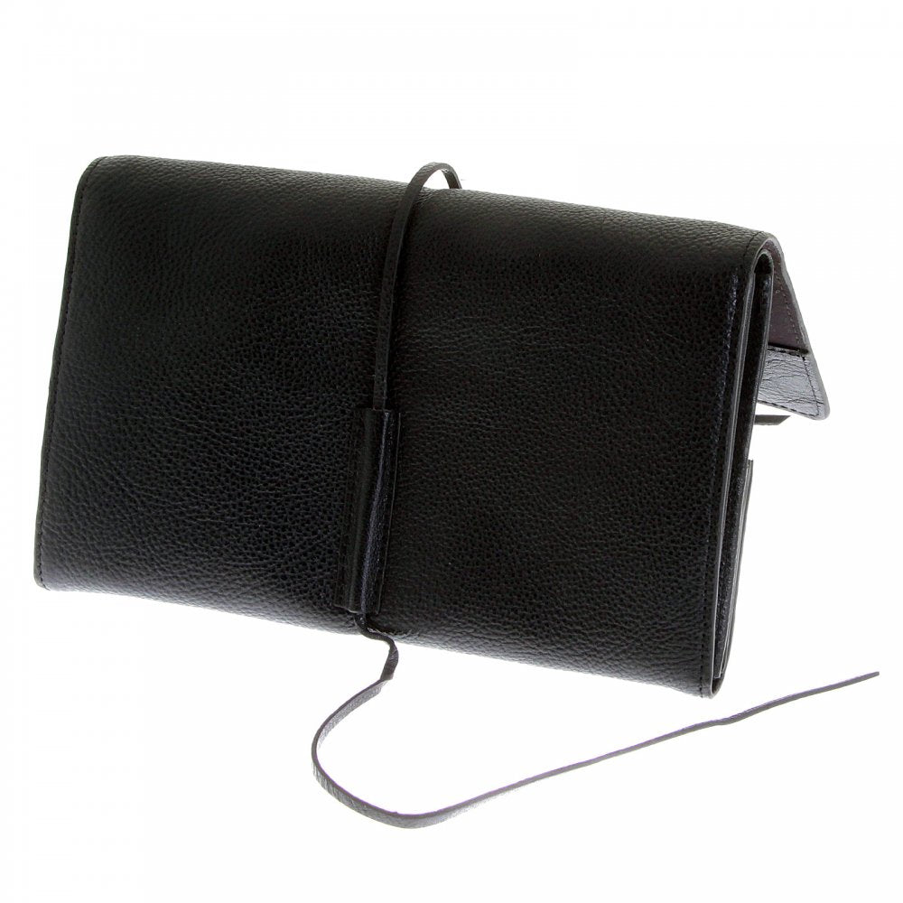 Unisex Black Grain Leather Travel Wallet with Shoe Lace Tie Closure