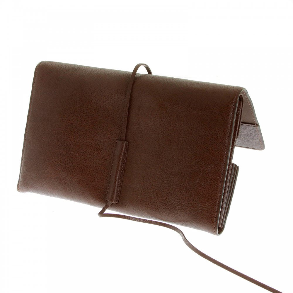 Unisex Brown Grain Leather Travel Wallet with Shoe Lace Tie Closure
