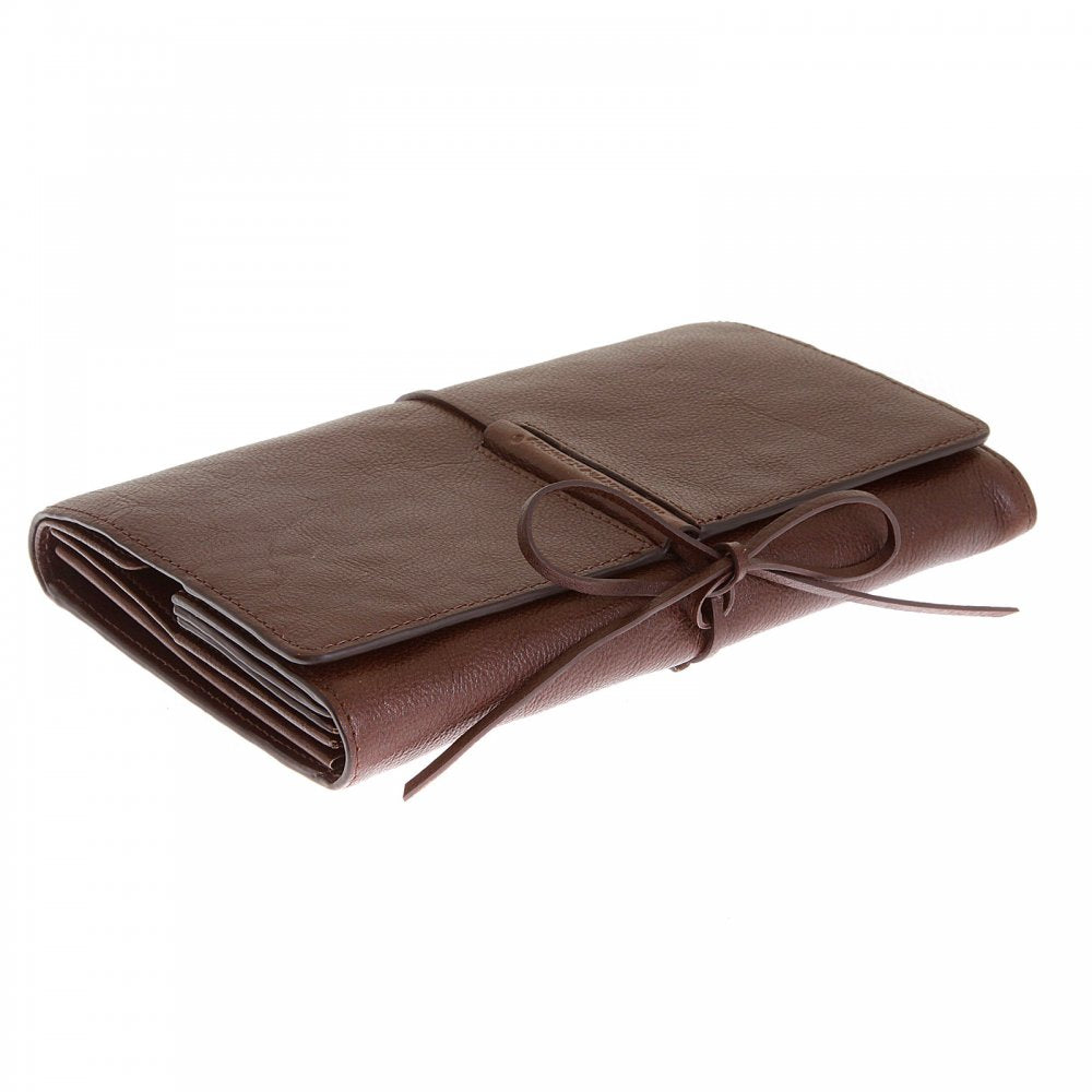 Unisex Brown Grain Leather Travel Wallet with Shoe Lace Tie Closure