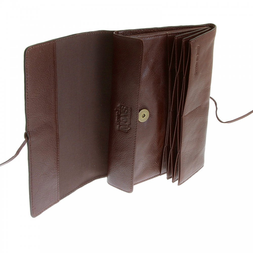 Unisex Brown Grain Leather Travel Wallet with Shoe Lace Tie Closure
