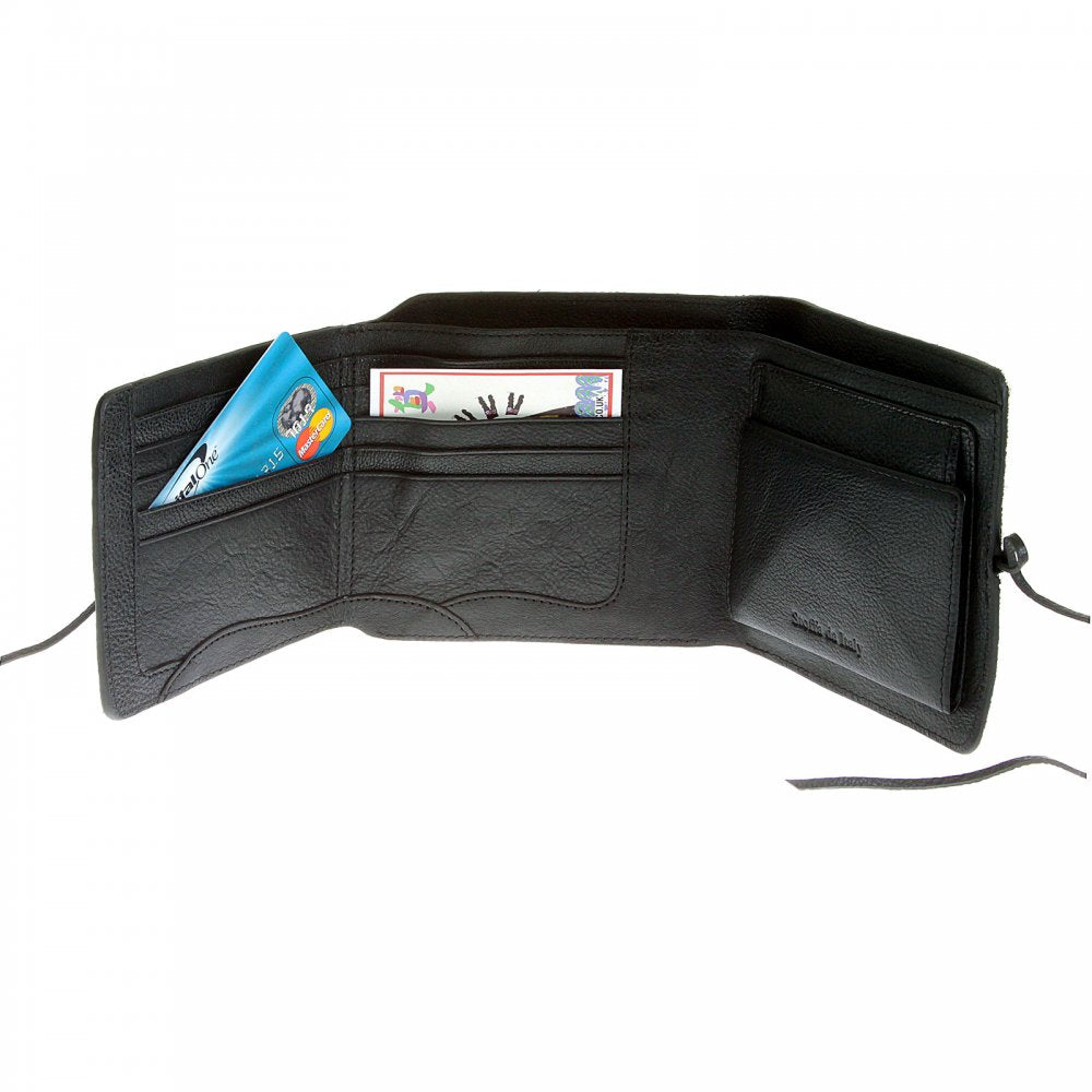 Mens Black Leather/Horse Hair 3 Fold Credit Card & Coin Pouch Landscape Wallet