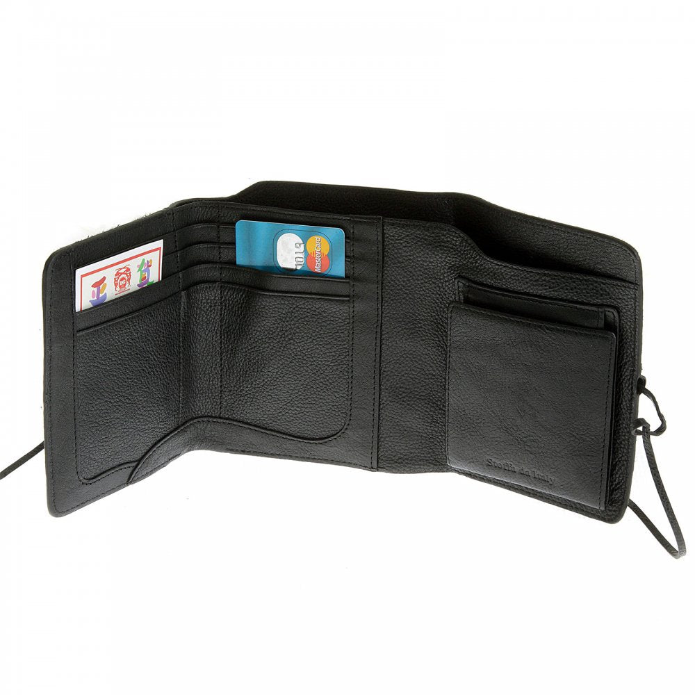 Mens Black Leather/Horse Hair 3 Fold Credit Card & Coin Pouch Portrait Wallet