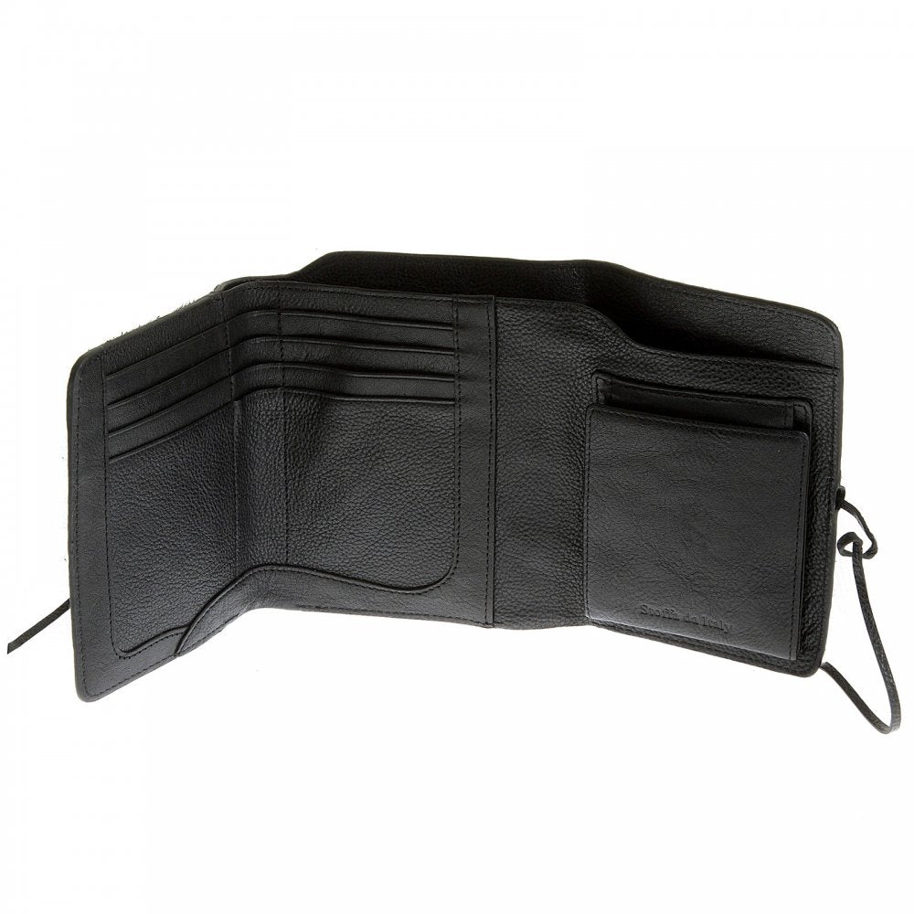 Mens Black Leather/Horse Hair 3 Fold Credit Card & Coin Pouch Portrait Wallet