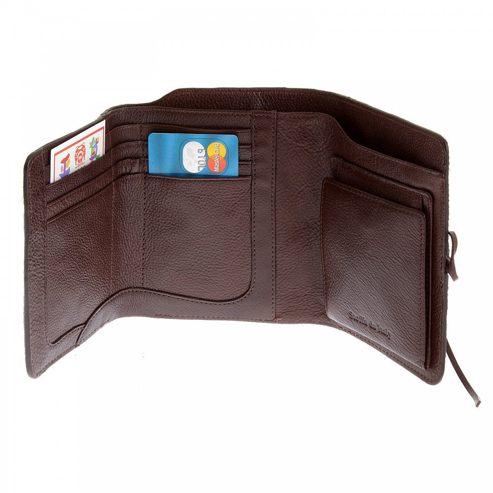 Mens Brown Leather/Horse Hair 3 Fold Credit Card & Coin Pouch Portrait Wallet