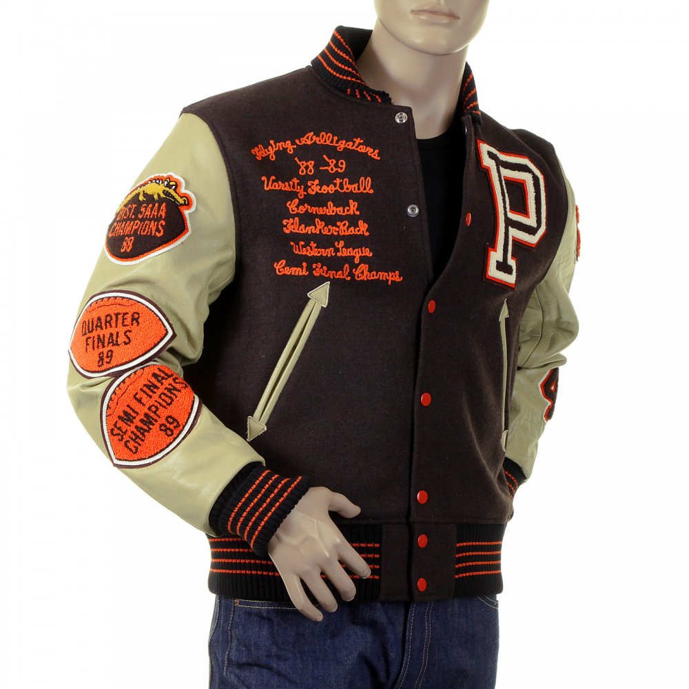 Regular Fit Brown Body Dark Cream Leather Sleeve Award Letterman Flying Alligators Stadium Jacket WV12077