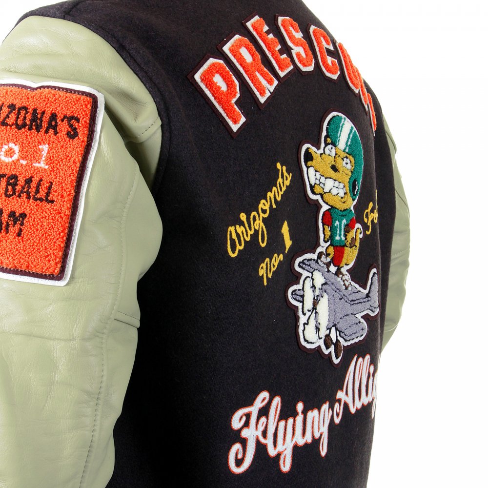 Regular Fit Brown Body Dark Cream Leather Sleeve Award Letterman Flying Alligators Stadium Jacket WV12077