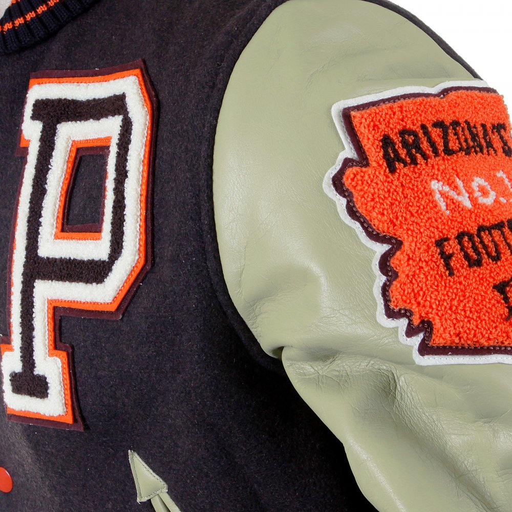 Regular Fit Brown Body Dark Cream Leather Sleeve Award Letterman Flying Alligators Stadium Jacket WV12077