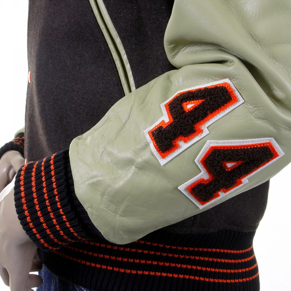 Regular Fit Brown Body Dark Cream Leather Sleeve Award Letterman Flying Alligators Stadium Jacket WV12077