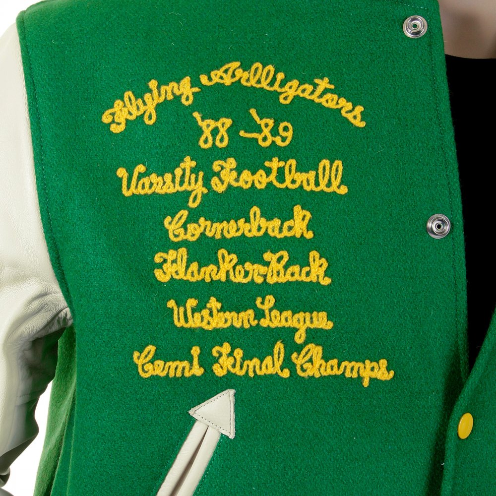 Regular Fit Kelly Green Body White Leather Sleeve Award Letterman Flying Alligators Stadium Jacket WV12077