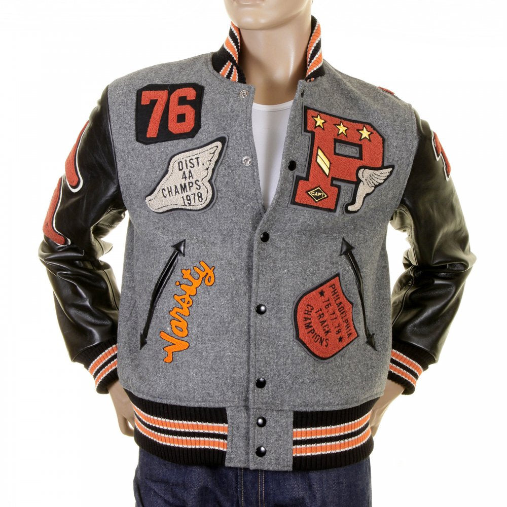 Regular Fit Grey Wool Body Black Leather Sleeve Award Letterman Philadelphia Stadium Jacket WV12310