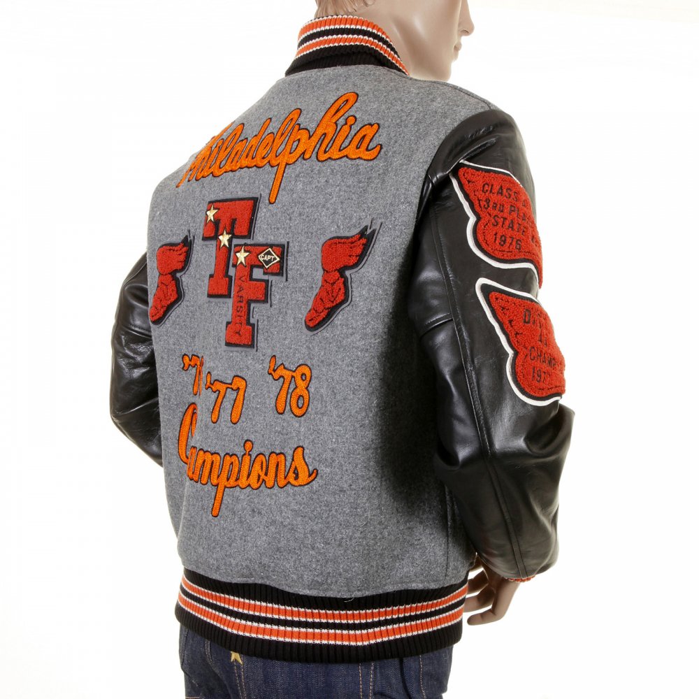 Regular Fit Grey Wool Body Black Leather Sleeve Award Letterman Philadelphia Stadium Jacket WV12310