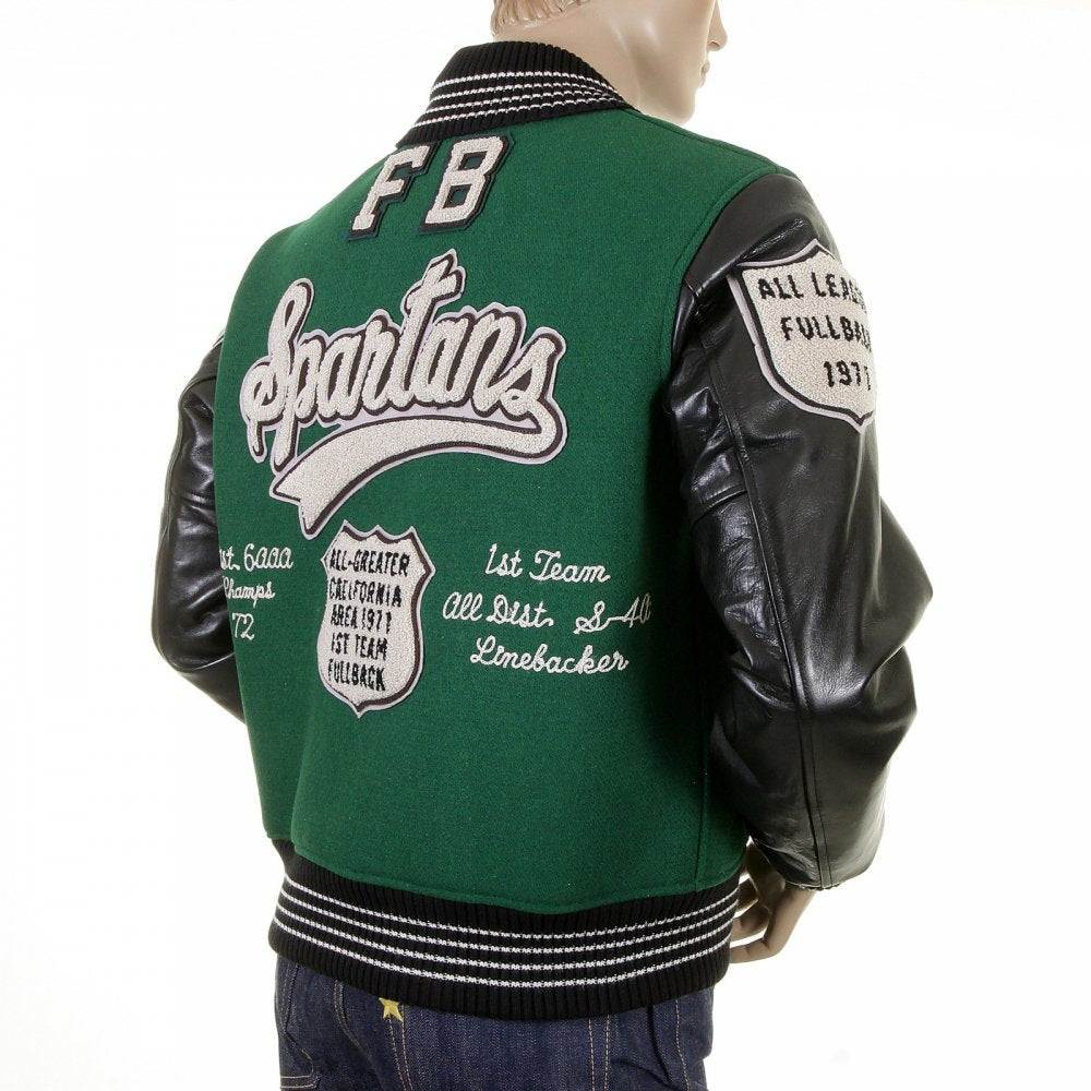 Regular Fit Dark Green Wool Body Black Leather Sleeve Award Letterman Spartans Stadium Jacket WV12310