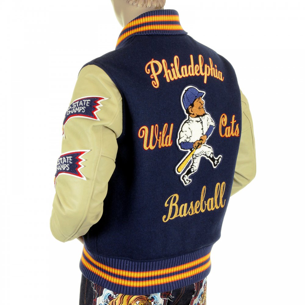 Letterman Regular Fit Royal Blue Wool Body Cream Leather Sleeve Philadelphia Wild Cats Stadium Jacket WV11793
