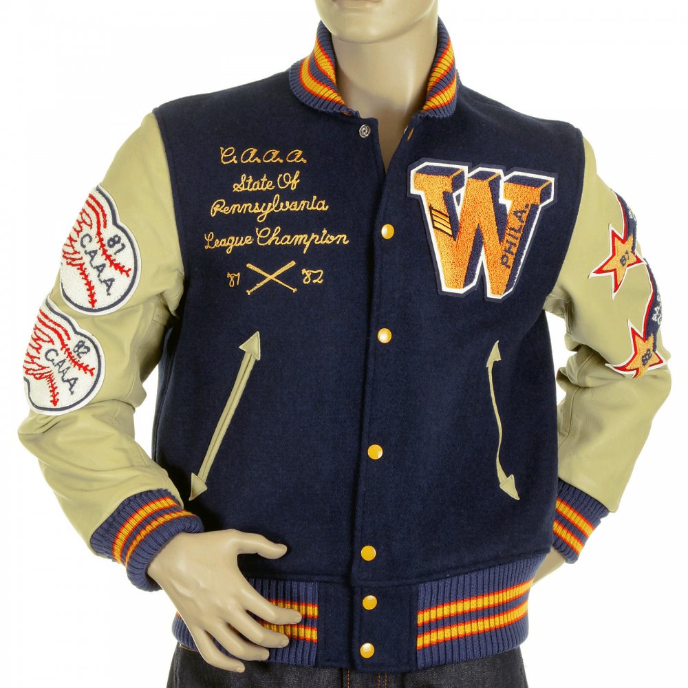 Letterman Regular Fit Royal Blue Wool Body Cream Leather Sleeve Philadelphia Wild Cats Stadium Jacket WV11793