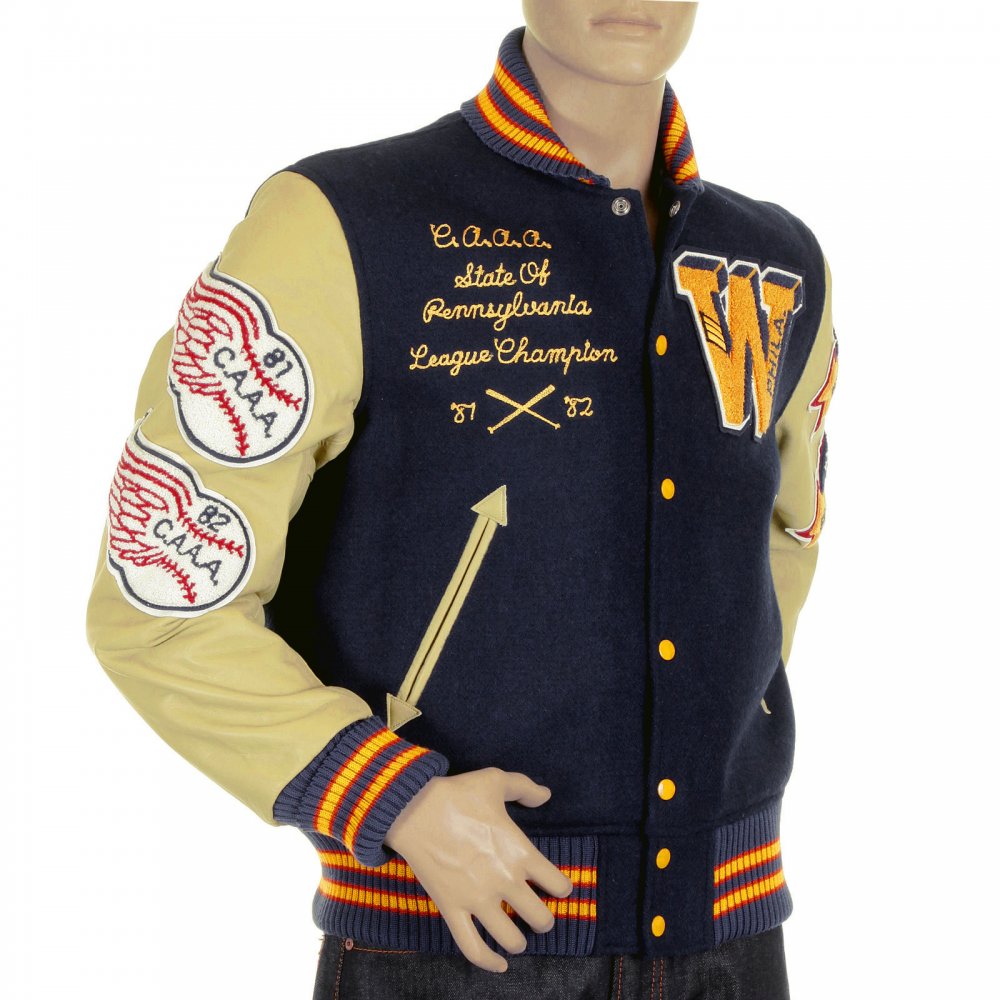 Letterman Regular Fit Royal Blue Wool Body Cream Leather Sleeve Philadelphia Wild Cats Stadium Jacket WV11793