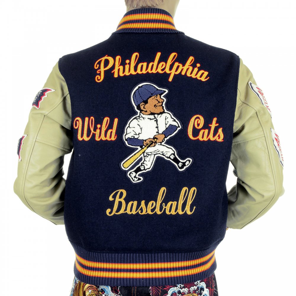 Letterman Regular Fit Royal Blue Wool Body Cream Leather Sleeve Philadelphia Wild Cats Stadium Jacket WV11793