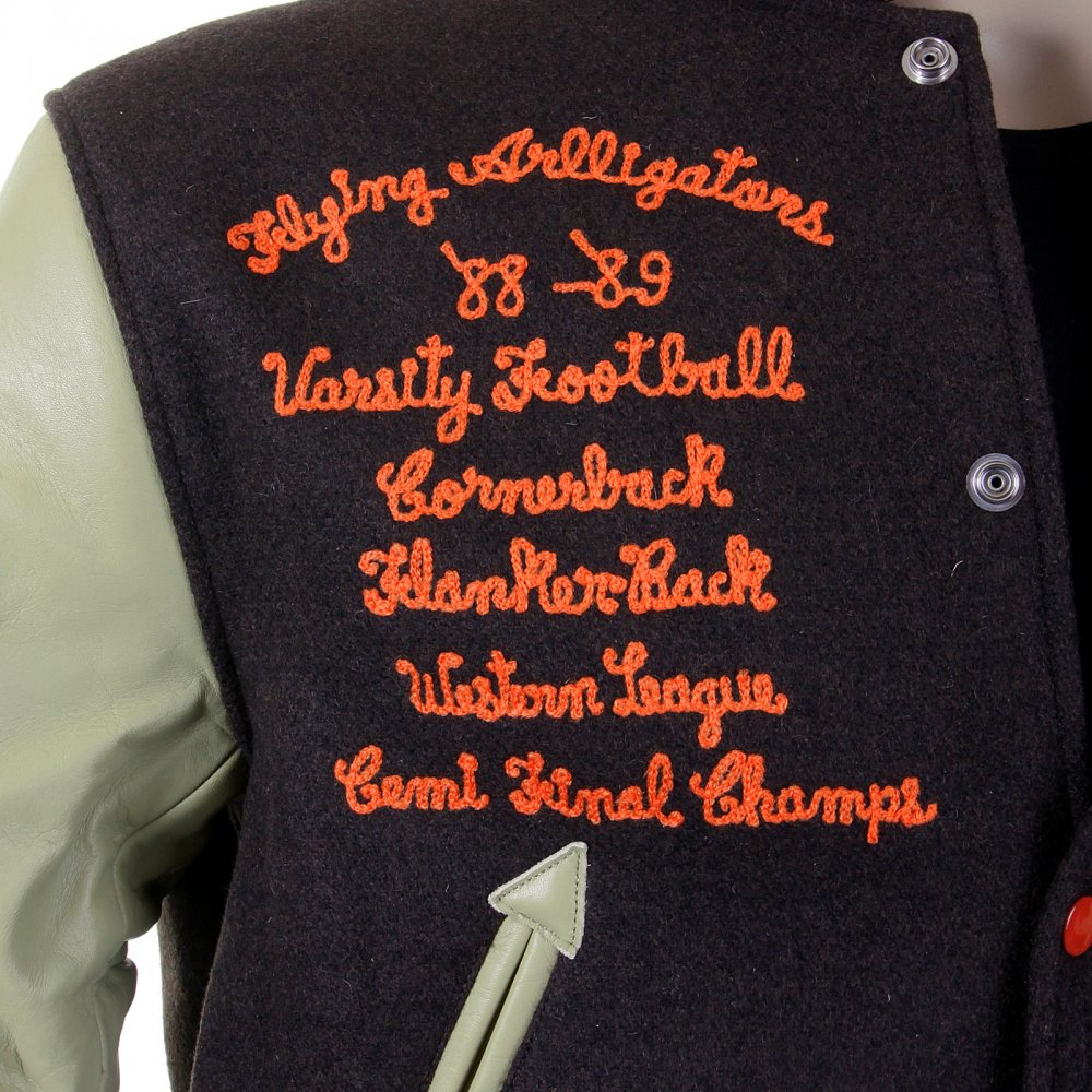Regular Fit Brown Body Dark Cream Leather Sleeve Award Letterman Flying Alligators Stadium Jacket WV12077