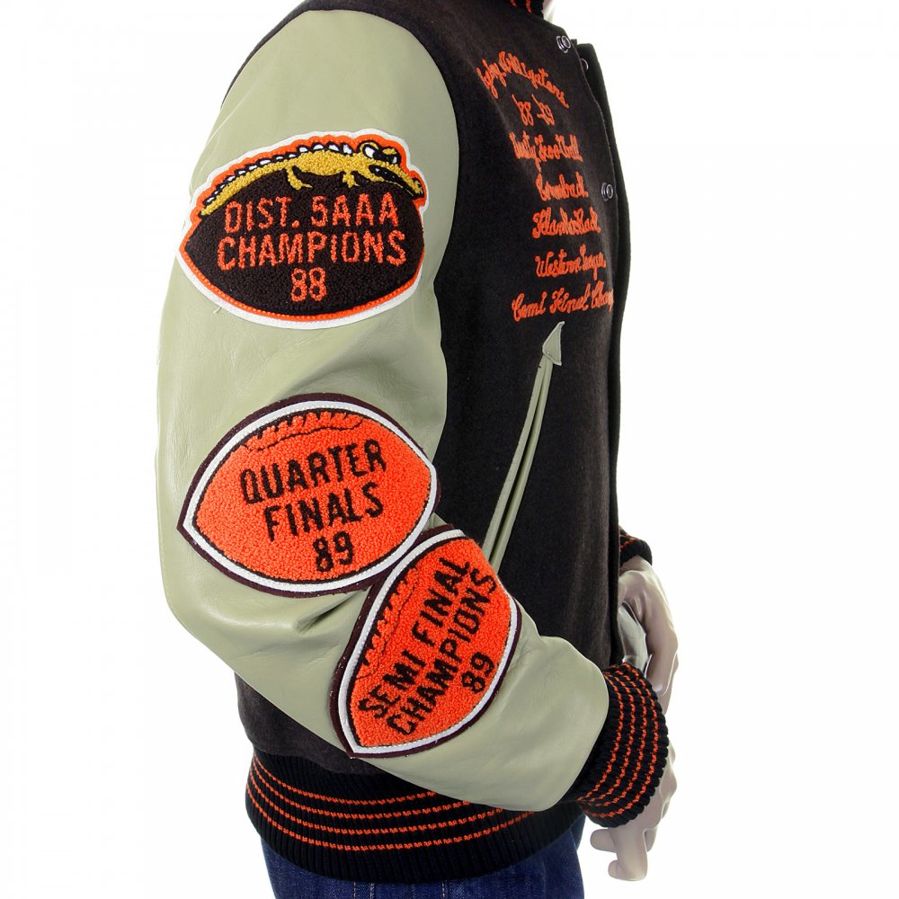 Regular Fit Brown Body Dark Cream Leather Sleeve Award Letterman Flying Alligators Stadium Jacket WV12077