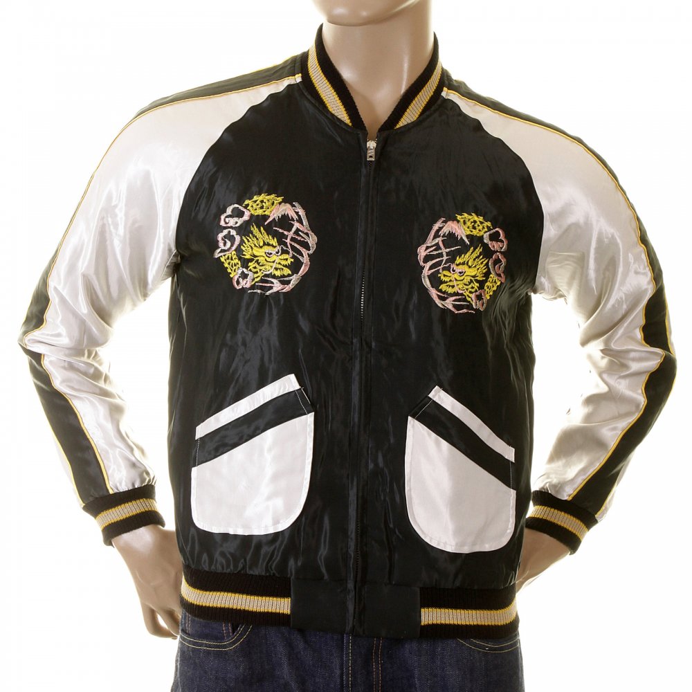 Black Body Ivory Sleeves Regular Fit Fully Reversible Suka Jacket with Hand Embroidered Tiger and Dragon TT12420