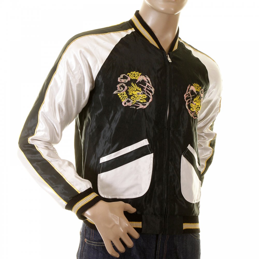 Black Body Ivory Sleeves Regular Fit Fully Reversible Suka Jacket with Hand Embroidered Tiger and Dragon TT12420