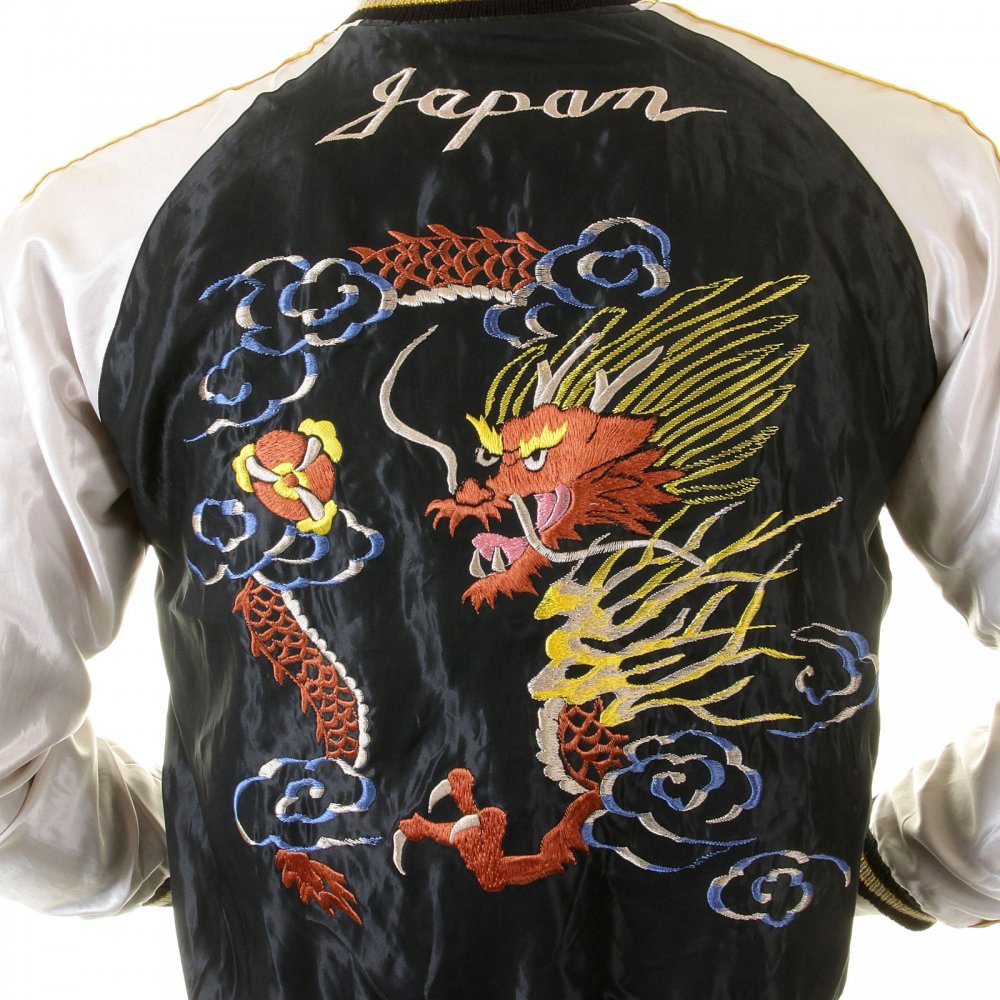 Black Body Ivory Sleeves Regular Fit Fully Reversible Suka Jacket with Hand Embroidered Tiger and Dragon TT12420