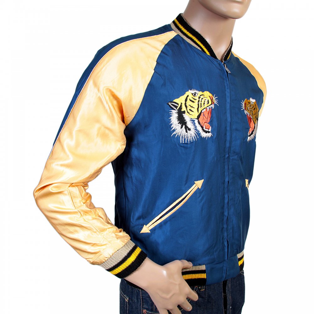 Royal Blue Body Gold Sleeves Regular Fit Fully Reversible Souvenir Suka Jacket with Hand Embroidered Tiger and Eagle TT13001