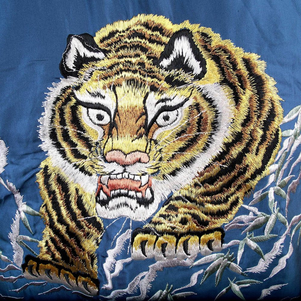 Royal Blue Body Gold Sleeves Regular Fit Fully Reversible Souvenir Suka Jacket with Hand Embroidered Tiger and Eagle TT13001