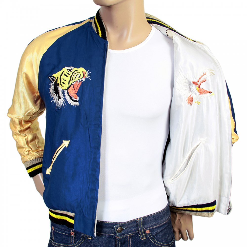 Royal Blue Body Gold Sleeves Regular Fit Fully Reversible Souvenir Suka Jacket with Hand Embroidered Tiger and Eagle TT13001