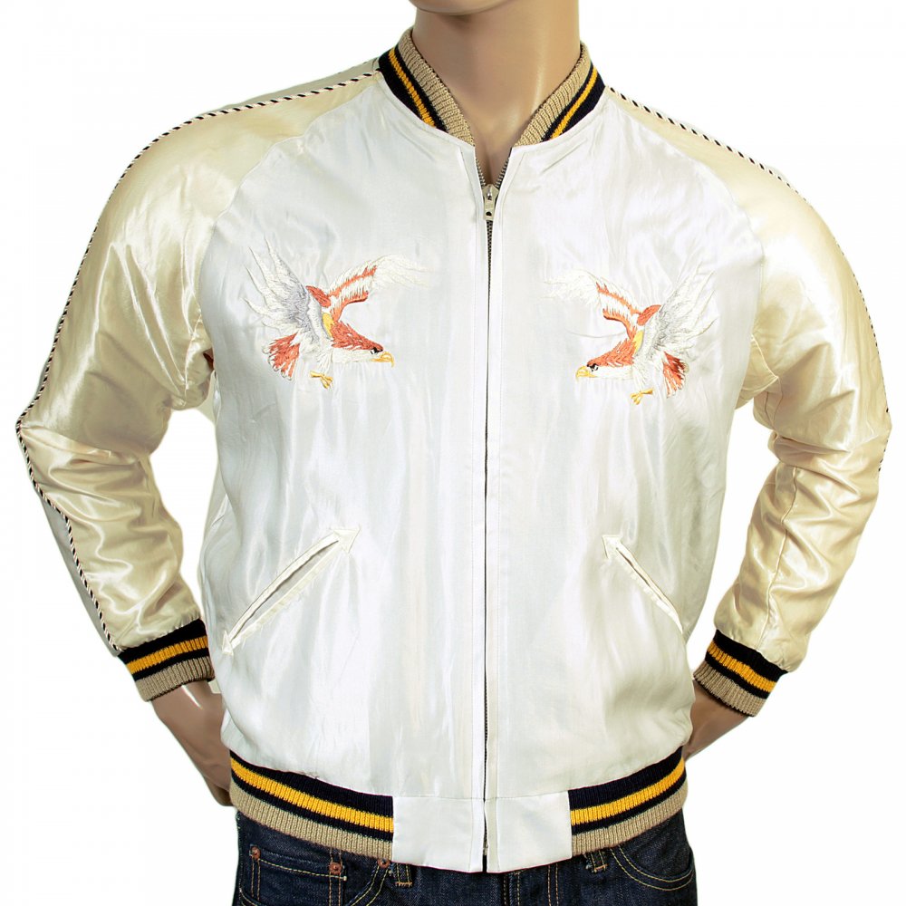 Regular Fit Silver White Body Ivory Sleeves Fully Reversible Acetate Souvenir Jacket with Eagle and Tiger Embroidery TT13001