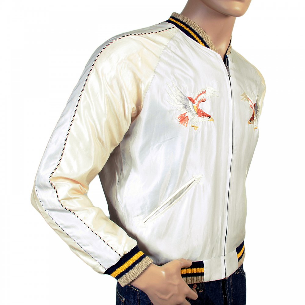 Regular Fit Silver White Body Ivory Sleeves Fully Reversible Acetate Souvenir Jacket with Eagle and Tiger Embroidery TT13001
