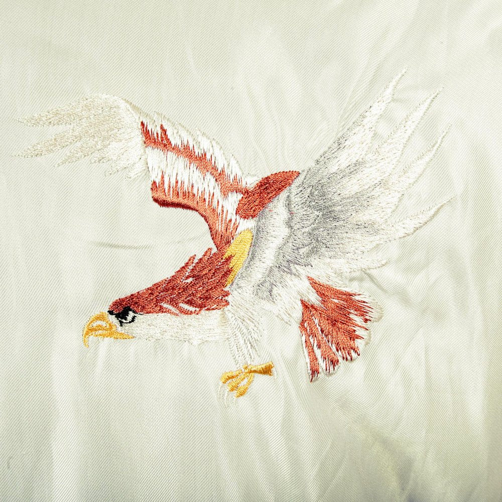 Regular Fit Silver White Body Ivory Sleeves Fully Reversible Acetate Souvenir Jacket with Eagle and Tiger Embroidery TT13001