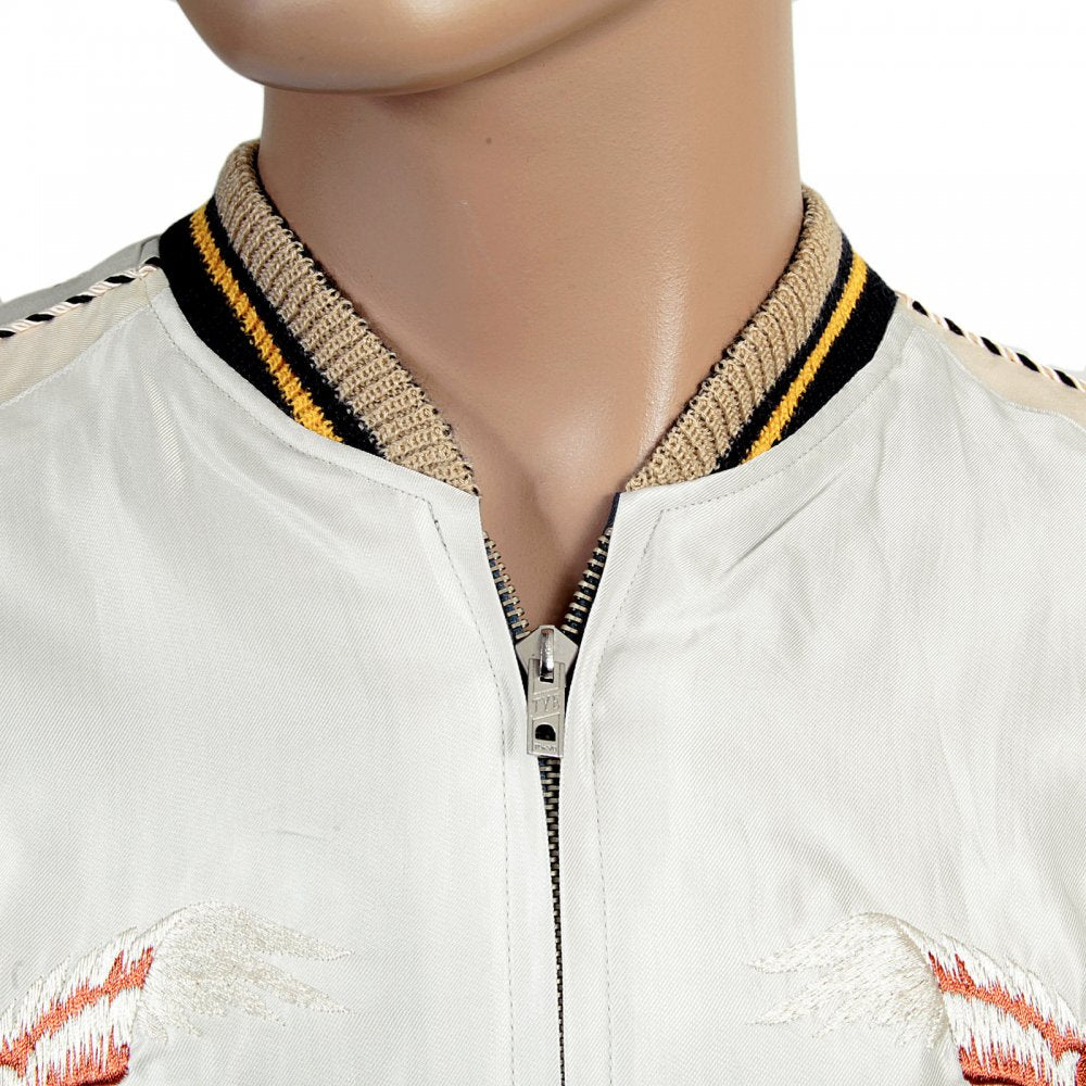 Regular Fit Silver White Body Ivory Sleeves Fully Reversible Acetate Souvenir Jacket with Eagle and Tiger Embroidery TT13001