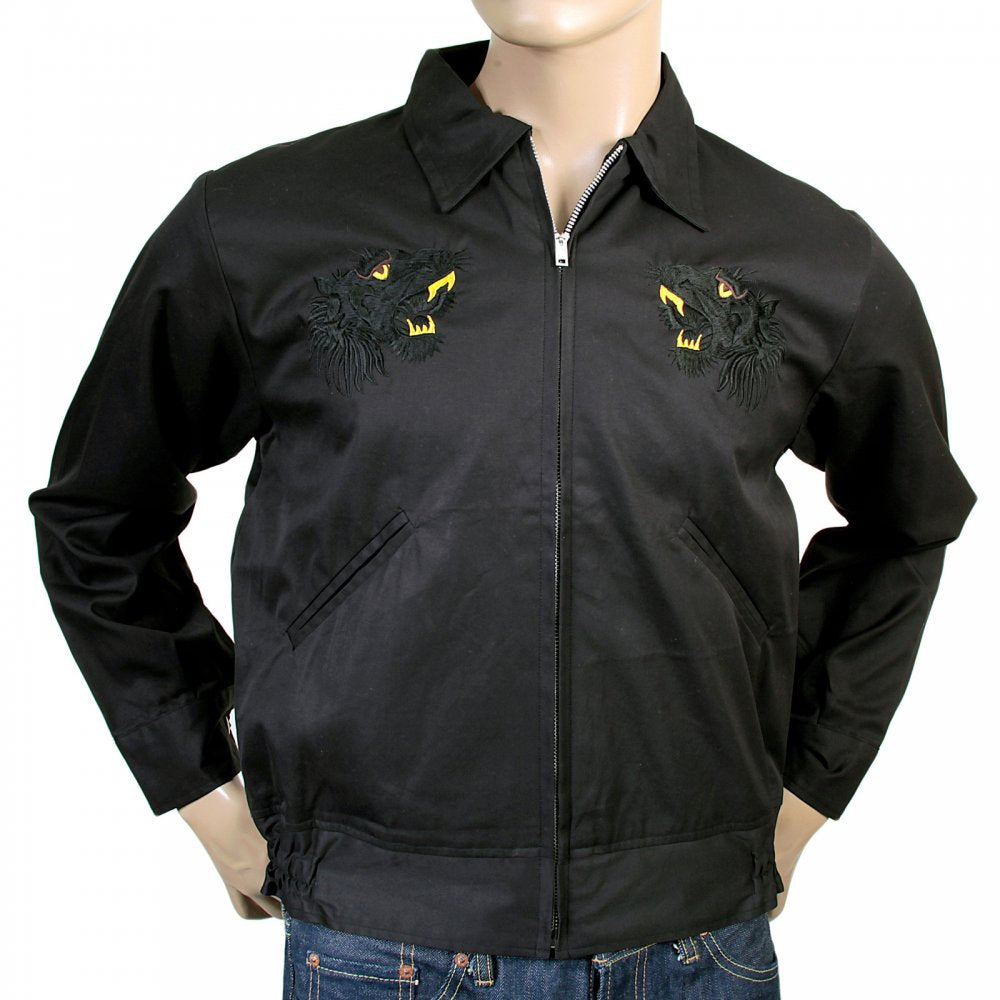 Black Regular Fit Cotton Twill Jacket with Embroidered Black Tiger TT13002