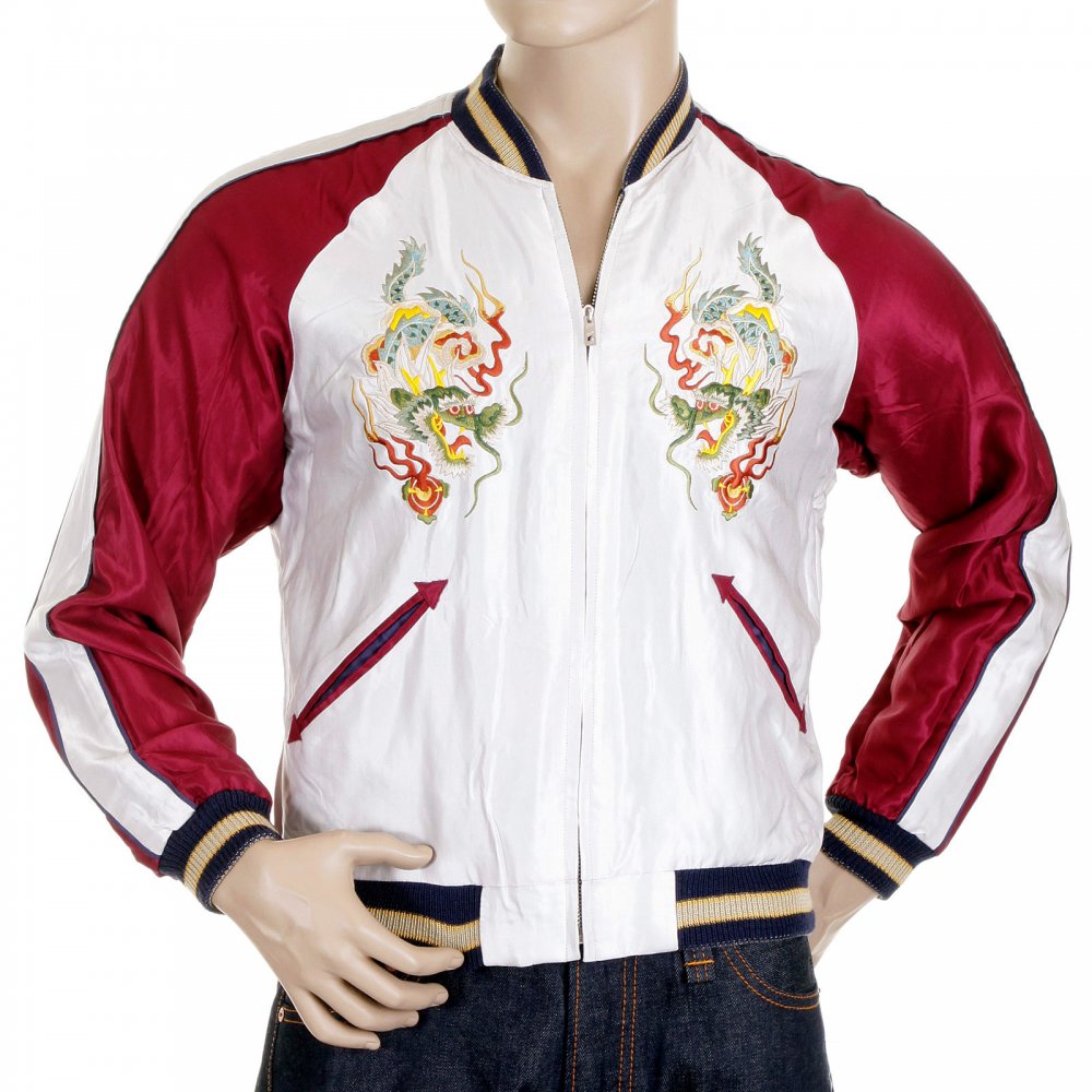Silver Body Wine Colour Sleeves Fully Reversible Souvernier Suka Jacket With Hand Embroidered Dragon TT11781