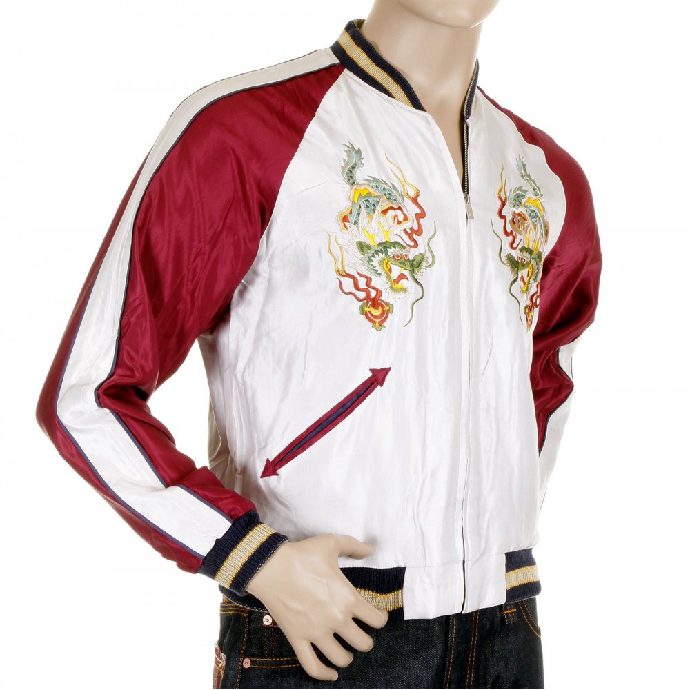 Silver Body Wine Colour Sleeves Fully Reversible Souvernier Suka Jacket With Hand Embroidered Dragon TT11781