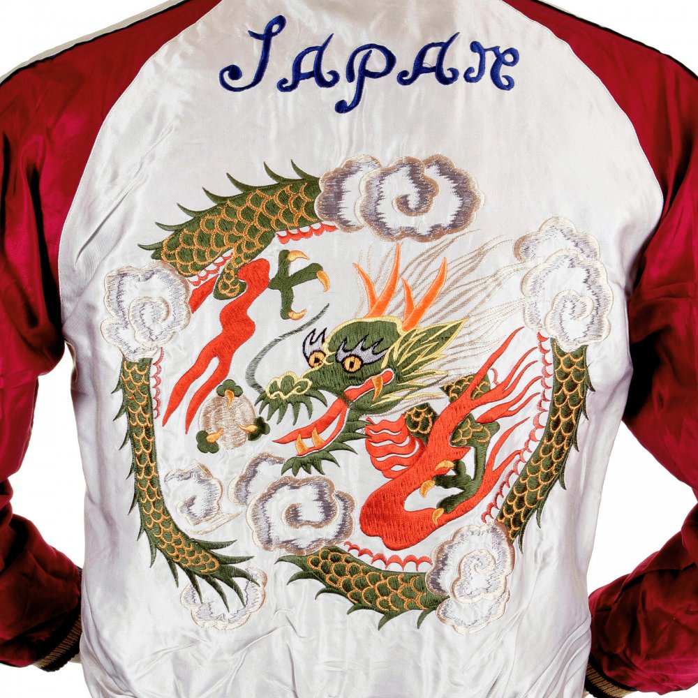 Silver Body Wine Colour Sleeves Fully Reversible Souvernier Suka Jacket With Hand Embroidered Dragon TT11781