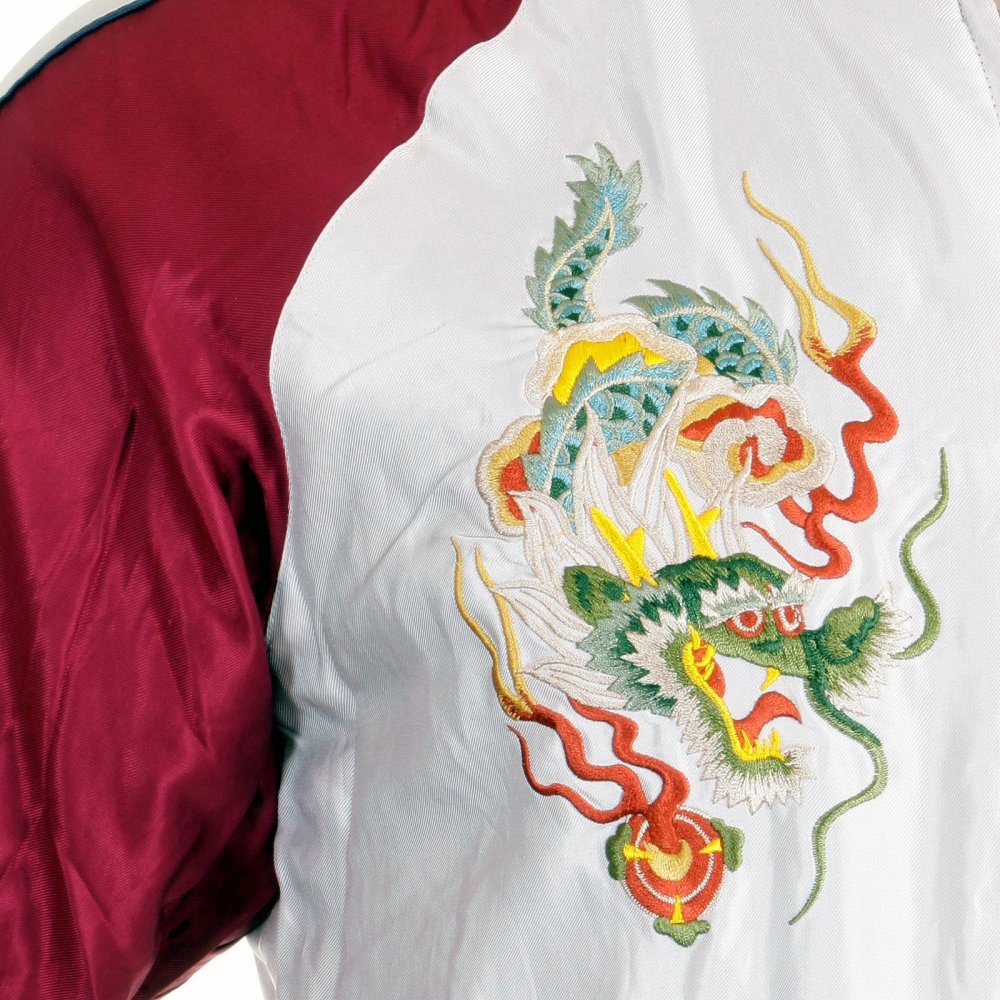 Silver Body Wine Colour Sleeves Fully Reversible Souvernier Suka Jacket With Hand Embroidered Dragon TT11781
