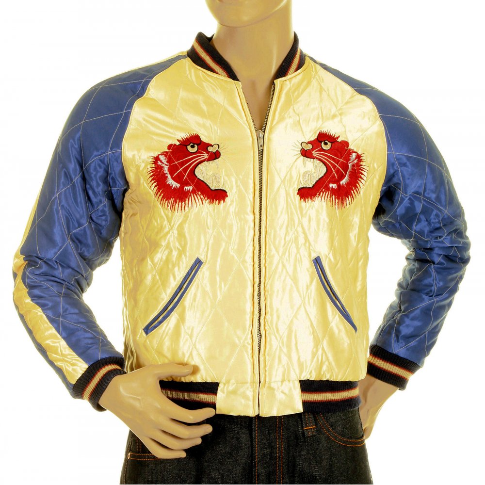 Yellow Body Royal Blue Sleeves Fully Reversible Souvenier Sukajan Jacket with Hand Embroidered Red Tiger TT11783