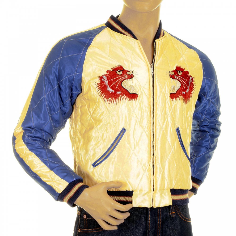 Yellow Body Royal Blue Sleeves Fully Reversible Souvenier Sukajan Jacket with Hand Embroidered Red Tiger TT11783
