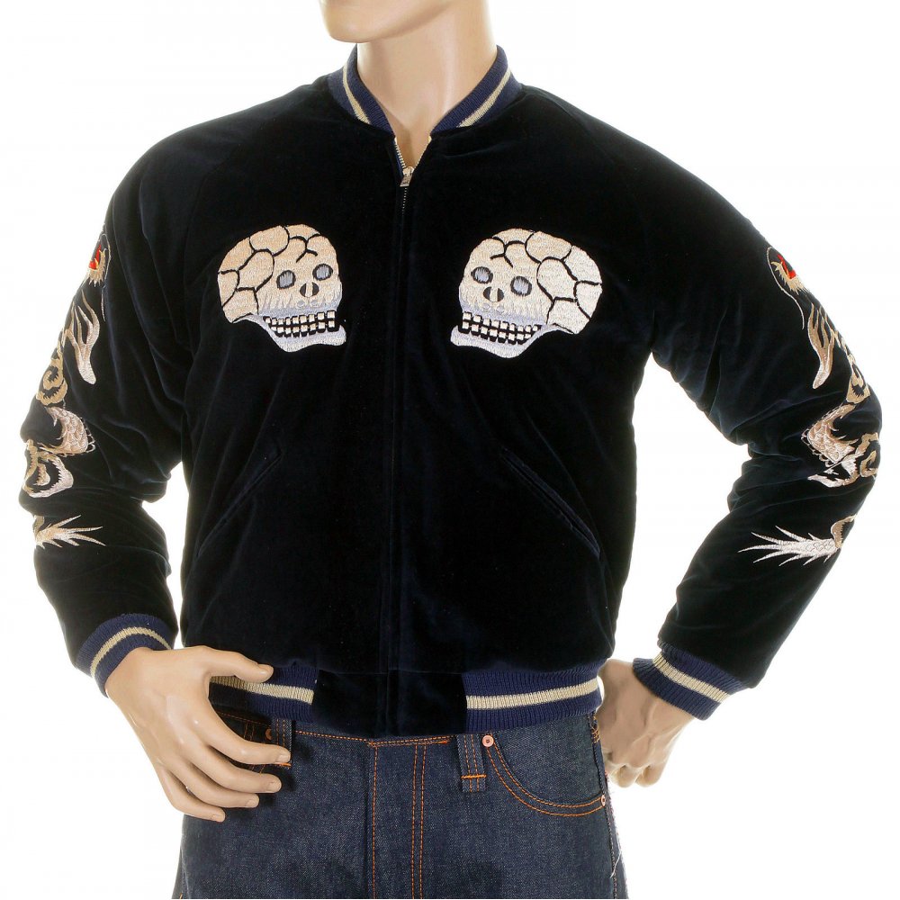 Black Fully Reversible Acetate Souvenir Velvet Suka Jacket with Skull Embroidery TT11783