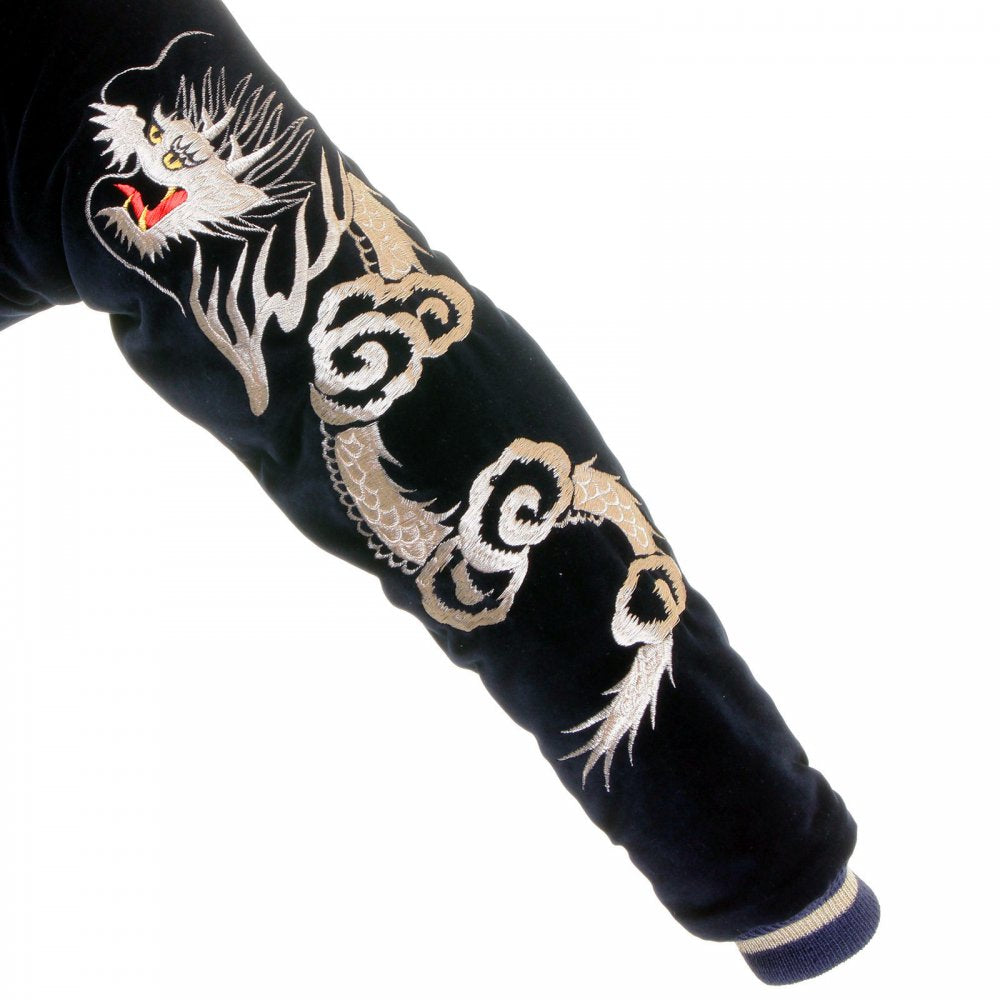 Black Fully Reversible Acetate Souvenir Velvet Suka Jacket with Skull Embroidery TT11783