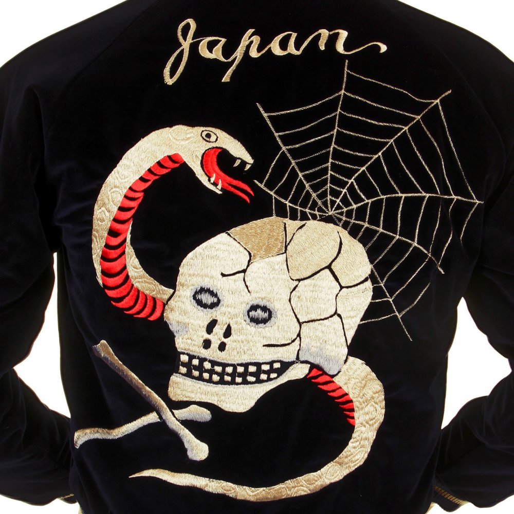 Black Fully Reversible Acetate Souvenir Velvet Suka Jacket with Skull Embroidery TT11783
